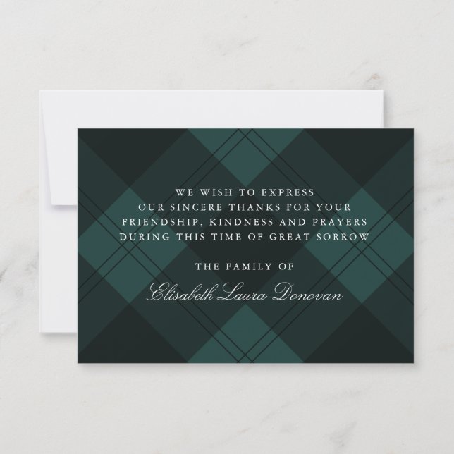 Invitation Sympathie funéraire classique Tartan vert Merci (Devant)