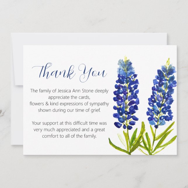 Invitation Sympathy Bluebonnets Funeral Death Merci (Devant)