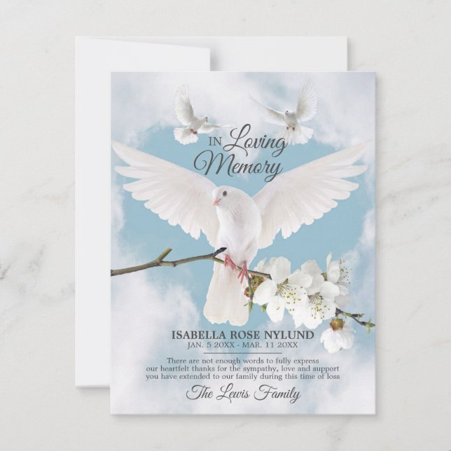 Invitation Sympathy Memory White Dove Heaven in Memory Merci (Devant)