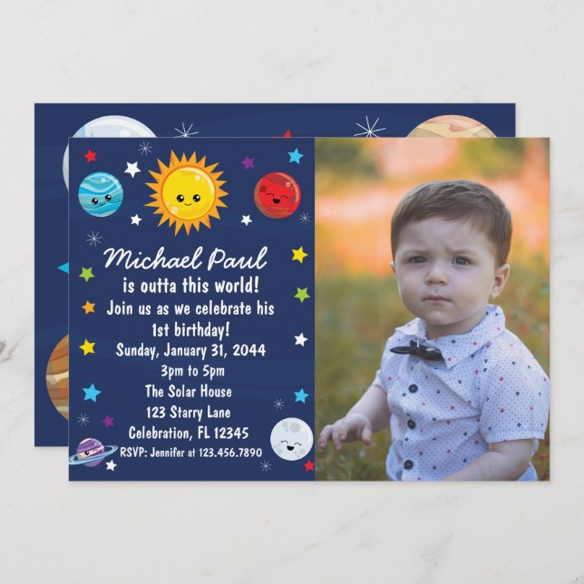 Invitation Système Solaire Kawaii En Dehors De Ce Monde Anniv (Devant / Derrière)