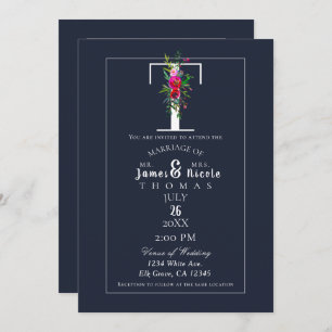 Invitation T Monogramme Dernier initial bleu Floral Mariage
