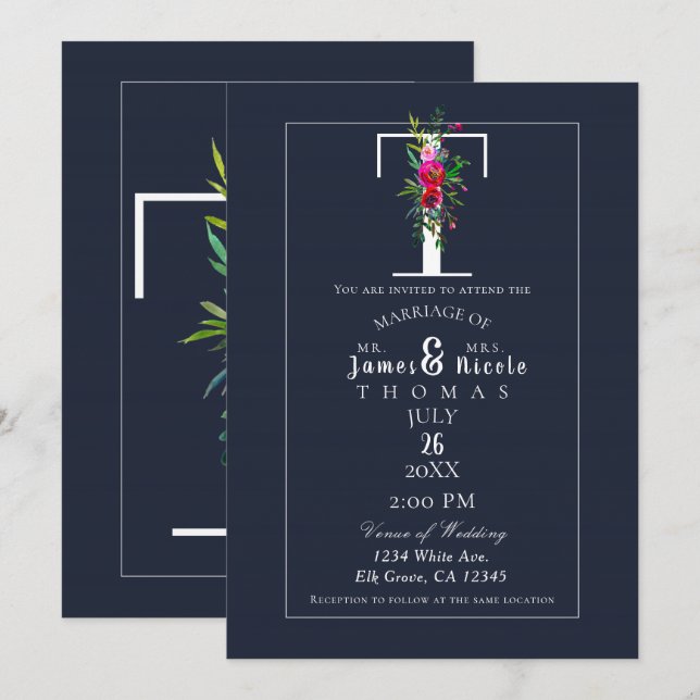Invitation T Monogramme Dernière Initiale Moderne Fleurs Bleu (Devant / Derrière)