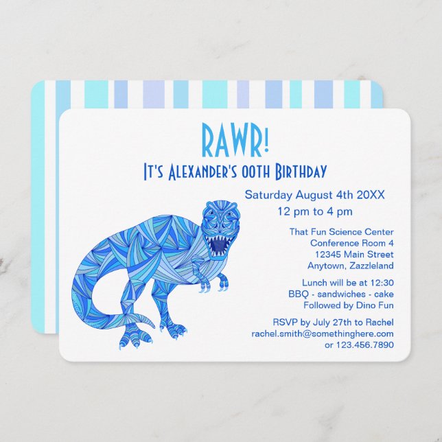 Invitation T-Rex Blue Dinosaur RAWR préhistorique (Devant / Derrière)