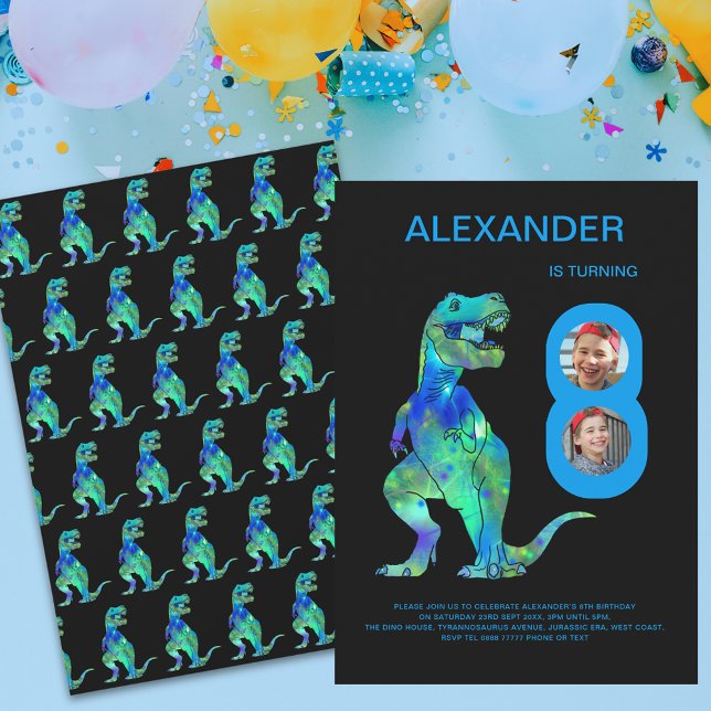 Invitation T-Rex Dino Boys 8e fête d'anniversaire Photo perso (Modern dinosaur T-Rex 8th birthday party photo invitation )