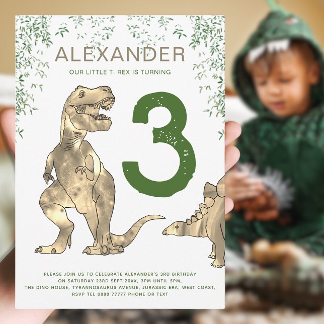 Invitation T-Rex Dinosaur 3e fête d'anniversaire (Boy’s Dinosaur party invitation with T-Rex and stegosaurus jungle dino & modern green typography )