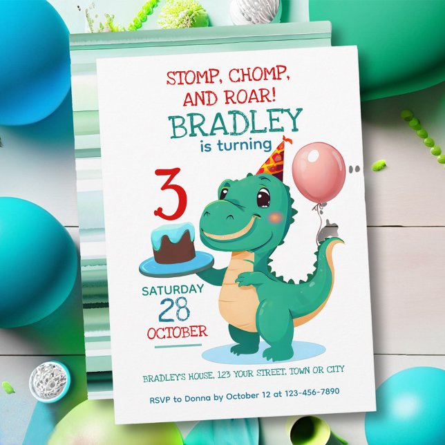 Invitation T Rex Dinosaur 3ème anniversaire de fête Invitatio (Créateur téléchargé)