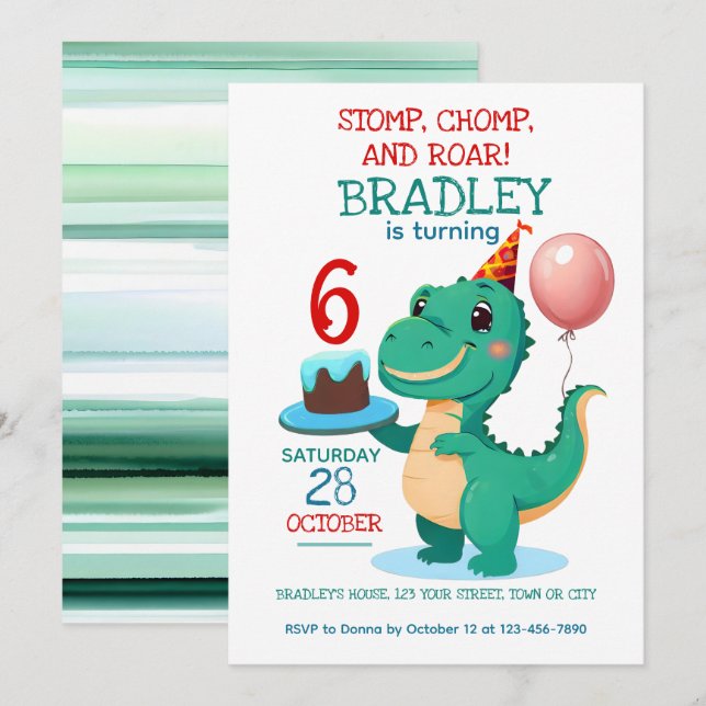 Invitation T Rex Dinosaur 6e anniversaire fêtrement Invitatio (Devant / Derrière)