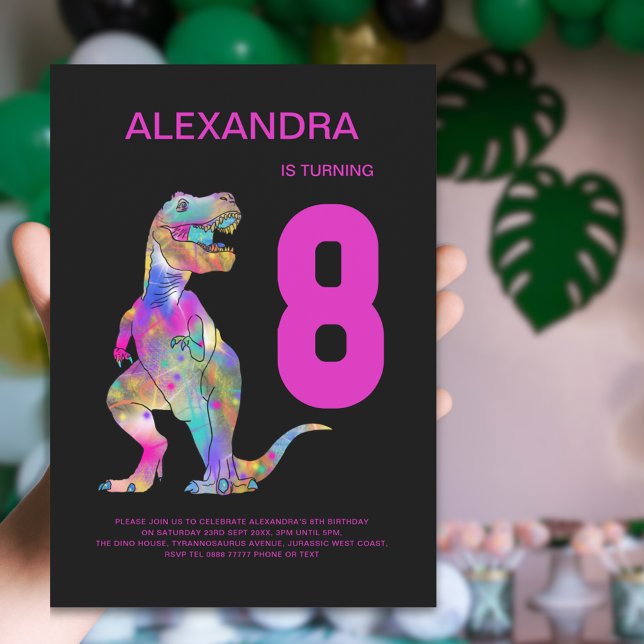 Invitation T-Rex Dinosaur 8e anniversaire fête rose (Colorful T-Rex Dinosaur girls 8th birthday party pink and black invitation)