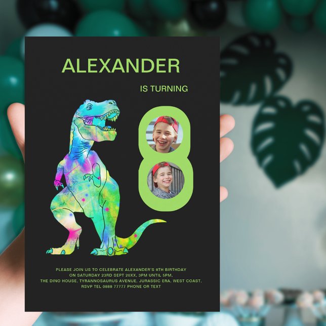 Invitation T-Rex Dinosaur 8e fête d'anniversaire Photo person (Colorful Dinosaur T-Rex 8th birthday party 2 photo collage green and black invitation)