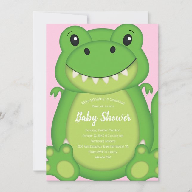 Invitation T-Rex Dinosaur Baby shower rose (Devant)