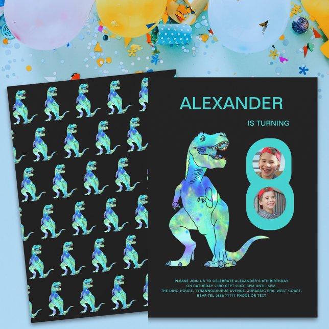 Invitation T-Rex Dinosaur Boys 8e anniversaire de fête Photo (Dinosaur T-Rex boys 8th birthday party photo collage invitation)