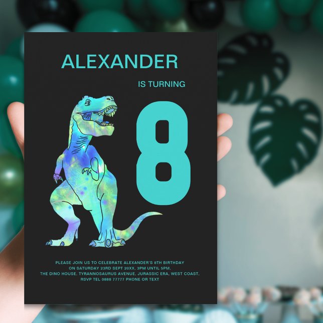 Invitation T-Rex Dinosaur Boys 8e fête d'anniversaire (Dinosaur T-Rex boys 8th birthday party invitation modern typography blue teal green dino)