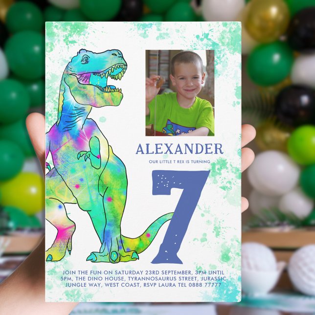 Invitation T-Rex Dinosaur fête d'anniversaire (T-Rex Dinosaur 7th birthday party fun watercolor invitation with personalized photo)