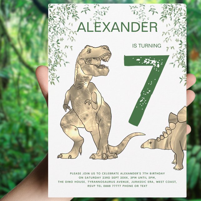 Invitation T-Rex Dinosaur fête d'anniversaire (Dinosaur Jungle boy’s birthday party invitation with T-Rex and stegosaurus with foliage)