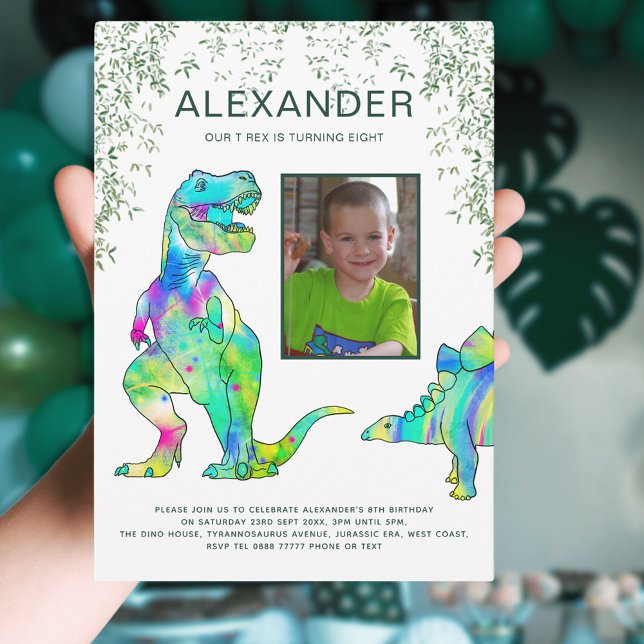 Invitation T-Rex Dinosaur Jungle Anniversaire (T-Rex dinosaur jungle photo template 8th birthday party invitation )