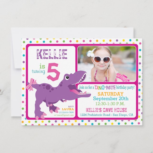 Invitation T-Rex Dinosaur Polka Dot Violet Anniversaire (Devant)