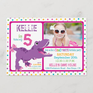 Invitation T-Rex Dinosaur Polka Dot Violet Anniversaire