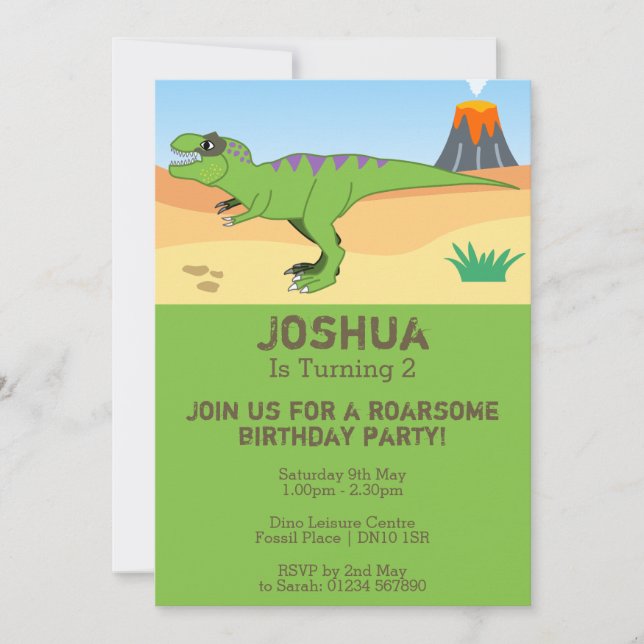 Invitation T-Rex Dinosaur & Volcano 2e fête d'anniversaire (Devant)
