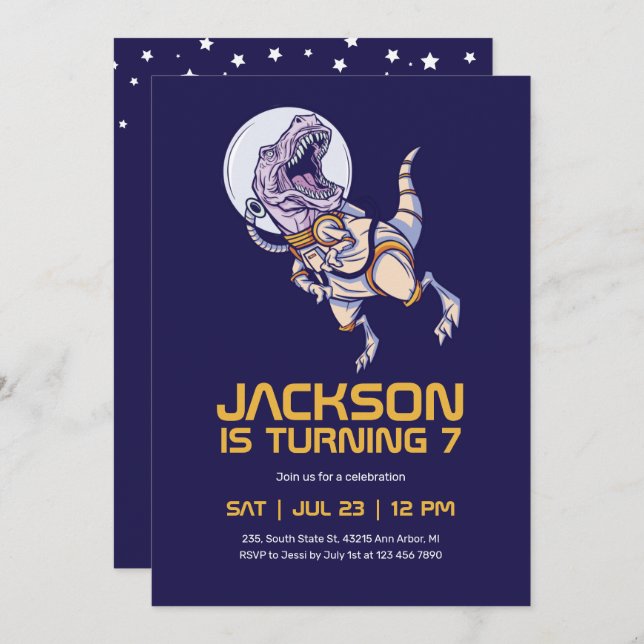 Invitation T-rex Dinosaure Astronaute Anniversaire de enfant  (Devant / Derrière)