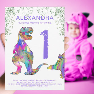 Invitation T. rex filles 1er anniversaire fête violet