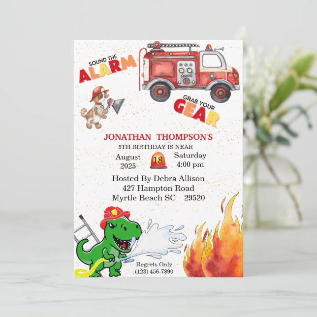 Invitation T Rex Firemans 5e anniversaire fêtrement Invitatio (Debout devant)