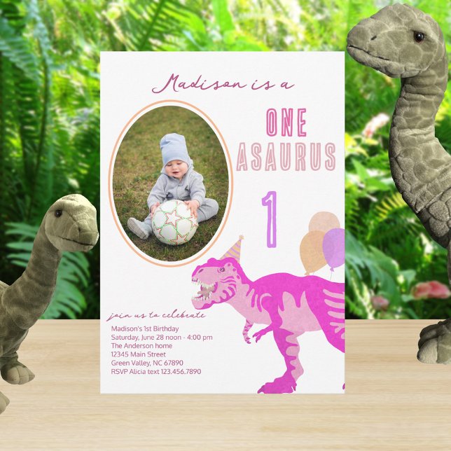 Invitation T-Rex Pink Photo N'importe quel âge mignon 1ère fê (It's easy to change this photo invitation from one to two or five or any age you need)
