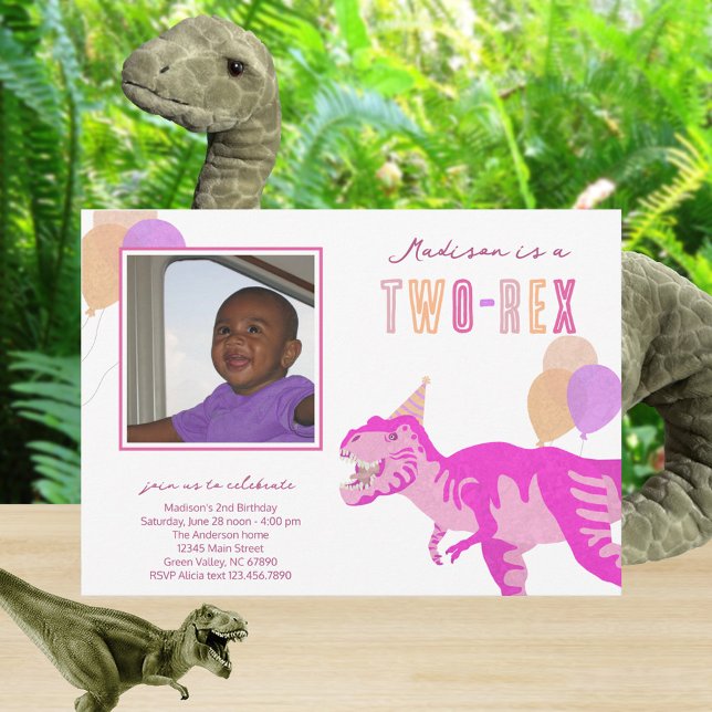 Invitation T-Rex rose Photo Deux Rex Cute 2e fête d'anniversa (So easy to add your child's photo, name and dinosaur birthday party details)