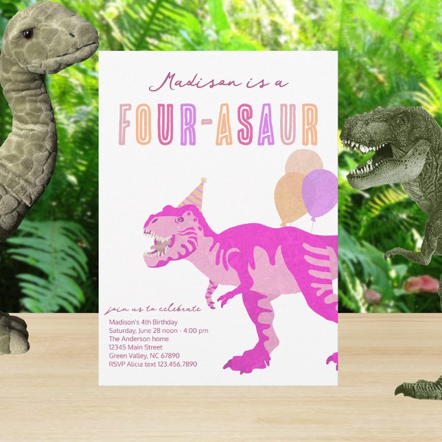 Invitation T-Rex Rose Quatre-Asaur Dino Quatrième fête d'anni (Plan the perfect four-asaur dinosaur birthday party for your little Trex with these cute invitations)