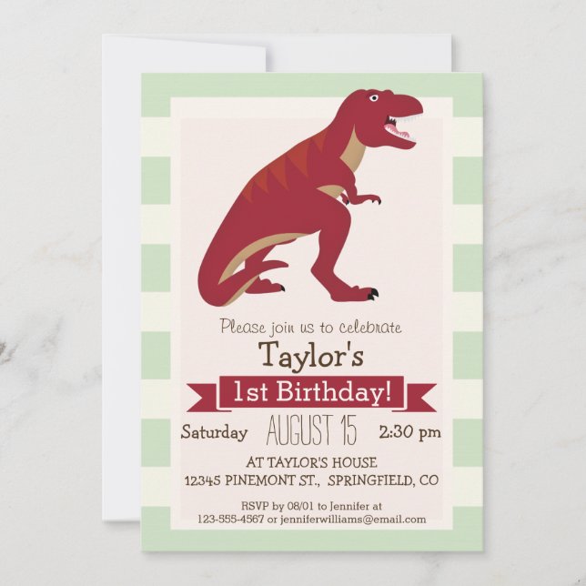 Invitation T-Rex rouge sur Pastel Green Stripes (Devant)