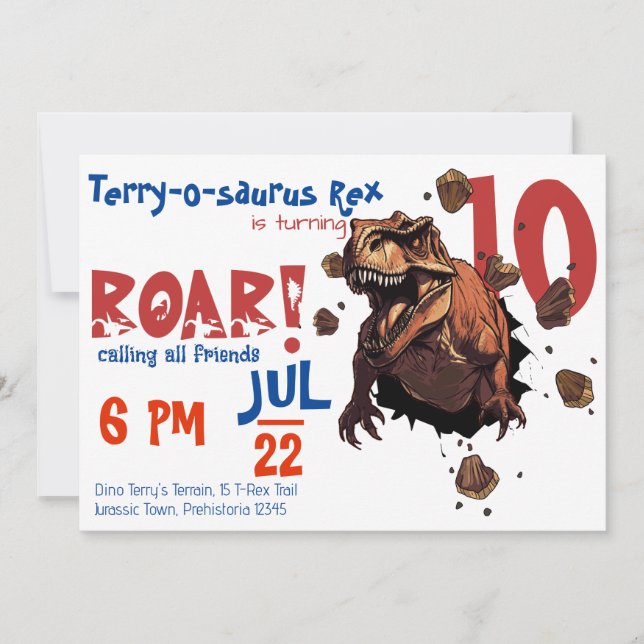 Invitation T-Rex Rugit ! pour les grands garçons et filles, A (Devant)