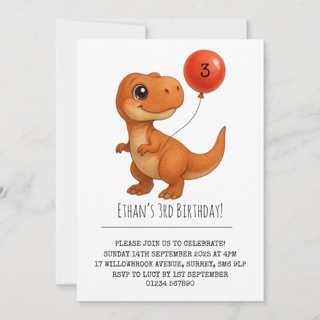 Invitation T-Rex souriant avec Balloon rouge Anniversaire (Devant)