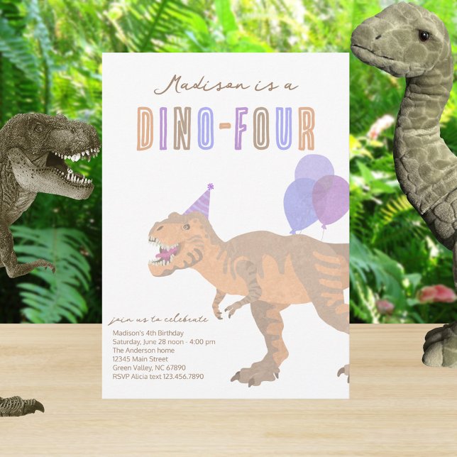 Invitation T-Rex Tan Dino-Quatre Quatrième fête d'anniversair (Set the mood for the dinosaur birthday party with these cute dino four 4th birthday invitations)