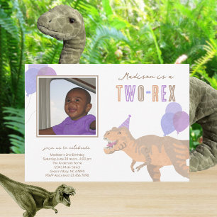 Invitation T-Rex Tan Photo Two-Rex Cute 2e fête d'anniversair