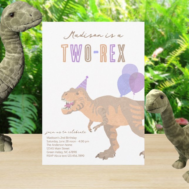Invitation T-Rex Tan Two Rex Dino Deuxième 2e anniversaire (Cute two rex 2nd birthday dinosaur invitations for a fun prehistoric kid's party)