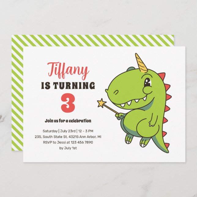 Invitation T-Rex Unicorn Fairy Kids Dinosaur Anniversaire (Devant / Derrière)