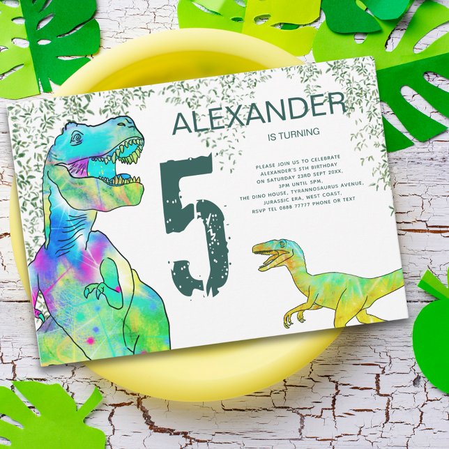 Invitation T-Rex Velociraptor Dinosaur 5ème anniversaire (T-Rex and velociraptor dinosaur 5th birthday party invitation  Jurassic jungle watercolor foliage)
