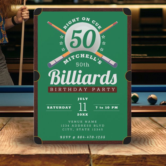 Invitation Table de billard Billard 50e fête d'anniversaire (Pool Billiards 50th Birthday Party Green Invitation
)