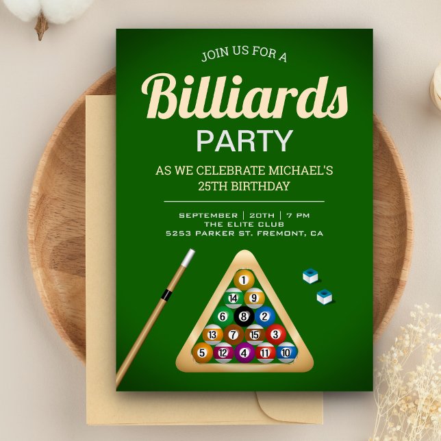 Invitation Table de billard vert anniversaire Billard Snooker (Créateur téléchargé)