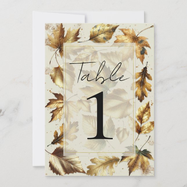 Invitation Table Mariage Feuille d'or en amande beige glam (Devant)
