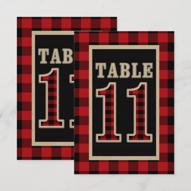 Invitation Table numéro 11 rustique à carreaux rouge et noir  (Devant / Derrière)