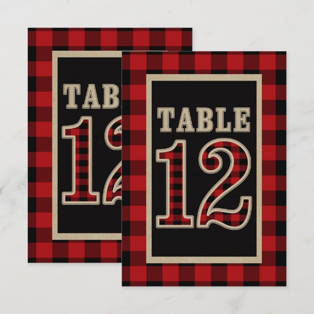 Invitation Table numéro 12 rustique à carreaux rouge et noir  (Devant / Derrière)