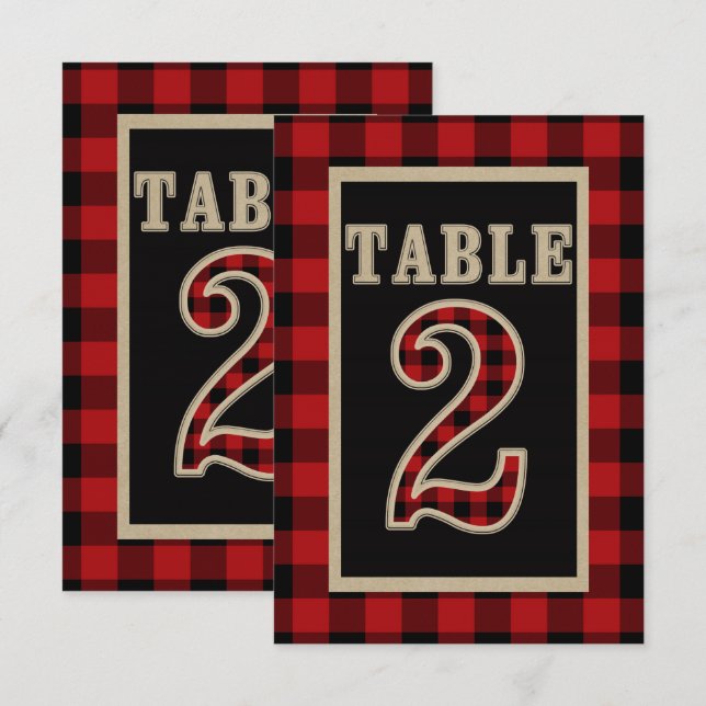 Invitation Table numéro 2 rustique à carreaux rouge et noir B (Devant / Derrière)