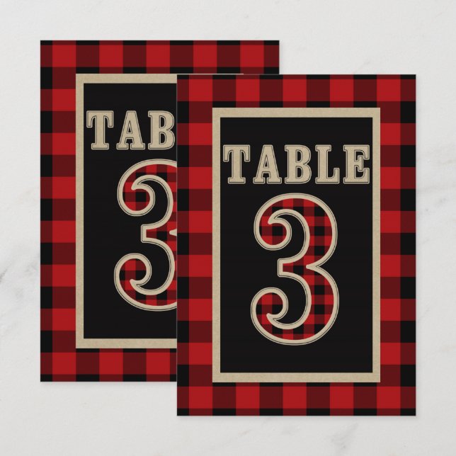Invitation Table numéro 3 rustique à carreaux rouge et noir B (Devant / Derrière)