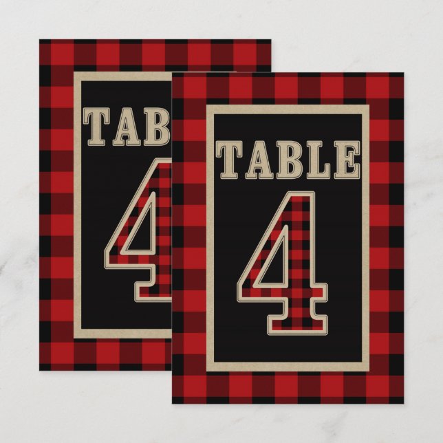 Invitation Table numéro 4 rustique à carreaux rouge et noir B (Devant / Derrière)