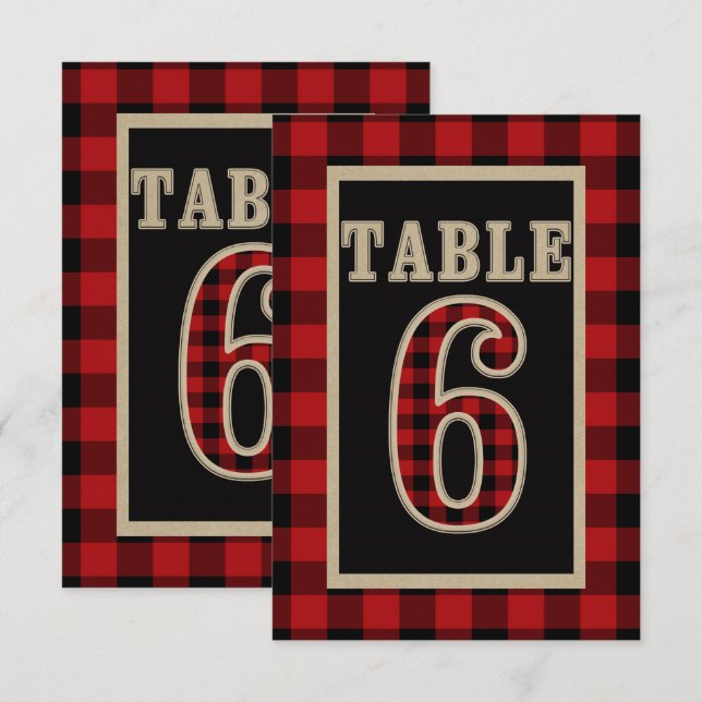 Invitation Table numéro 6 rustique à carreaux rouge et noir B (Devant / Derrière)