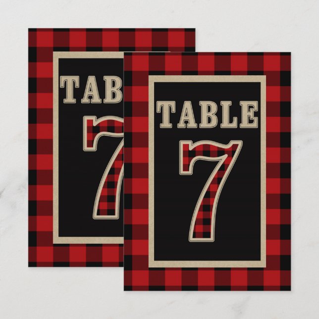 Invitation Table numéro 7 rustique carreaux rouge et noir de  (Devant / Derrière)