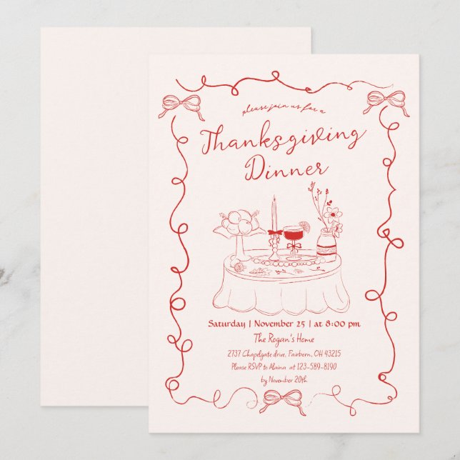 Invitation Table Whimsical Dîner À Main Tirée Thanksgiving (Devant / Derrière)