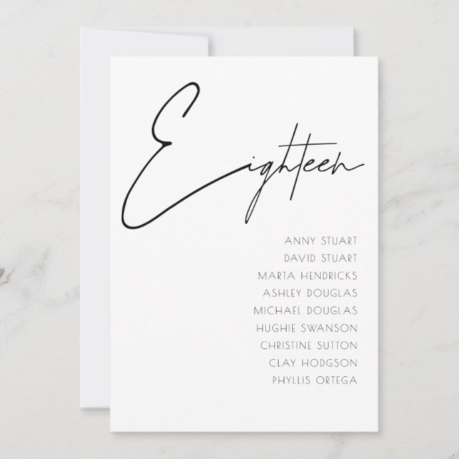 Invitation Tableau 18 Mariage moderne Numéro de tableau modèl (Devant)