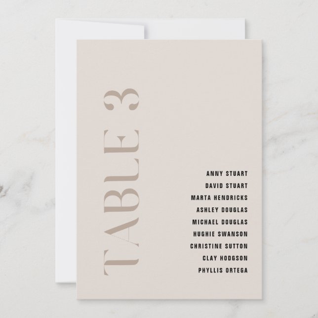 Invitation Tableau 3 Moderne Gras Mariage Beige Numéro de tab (Devant)