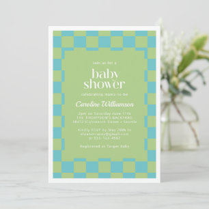 Invitation Tableau À damiers Baby shower bleu vert
